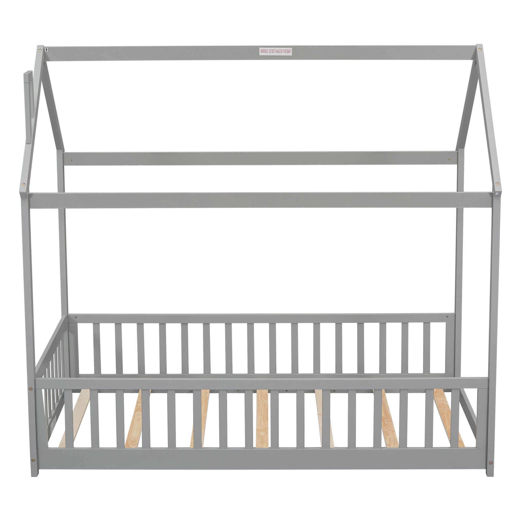 Gray Twin House Bed with Guardrails and Slats