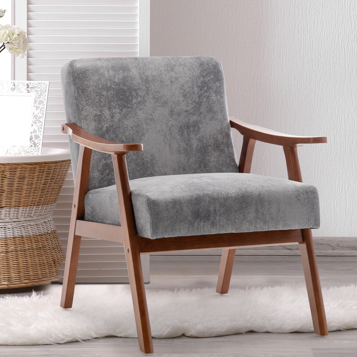 Mid-Century Modern Accent Chair - Solid Wood Frame, Extra-Thick Backrest, Ideal for Living Room, Bedroom, or Reading Room