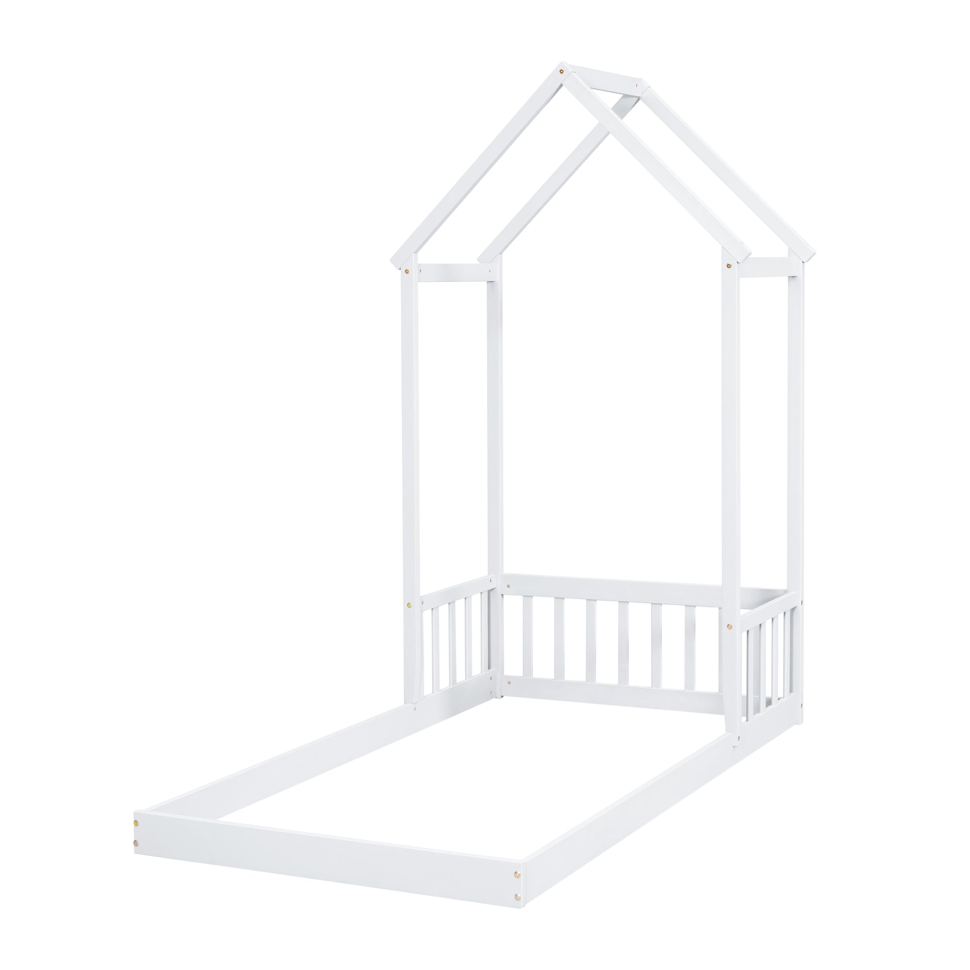 White Twin House-Shaped Roof Headboard Toddler Floor Bed