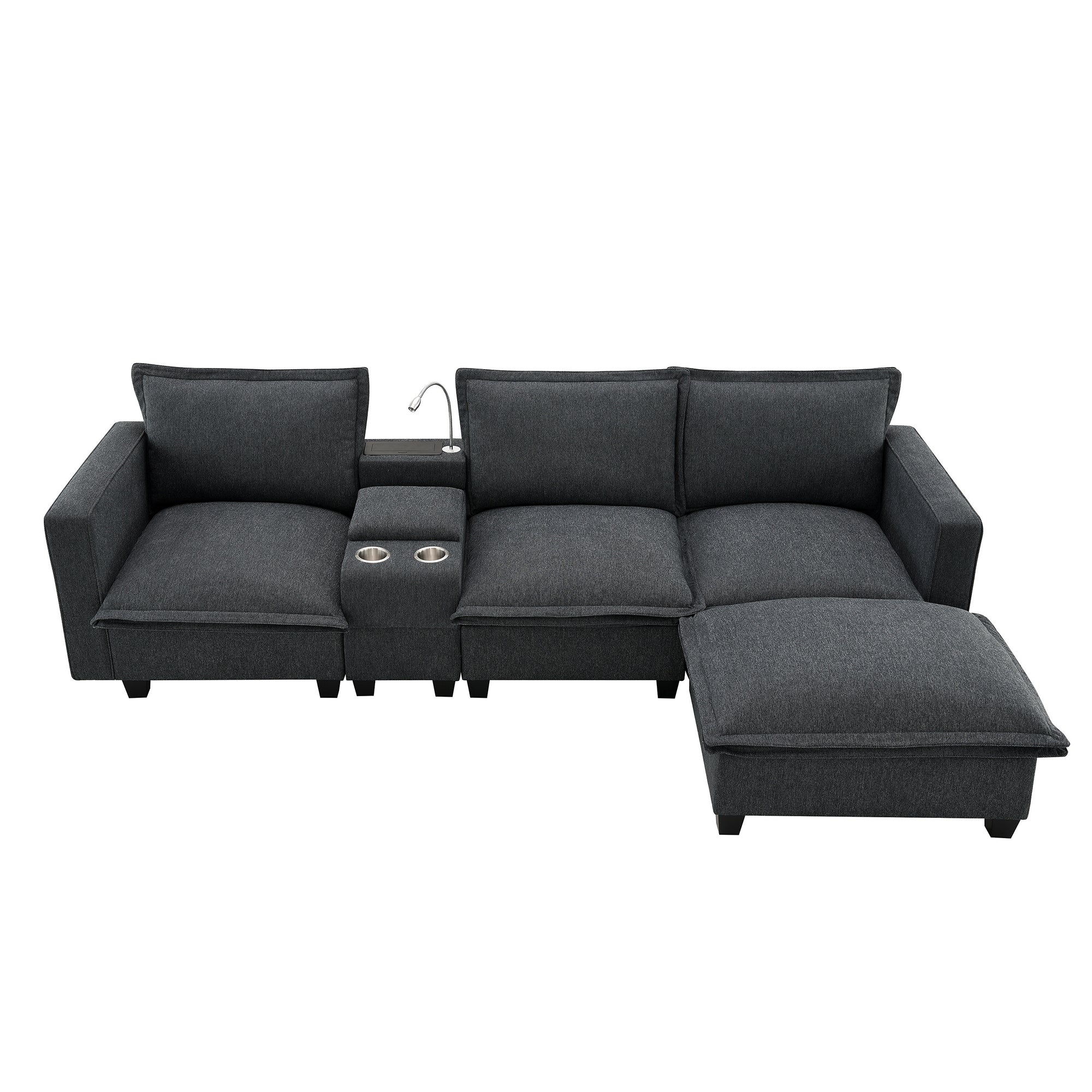 4-Seater Modular Chenille Sofa with Reading Lights & Storage in Dark Gray