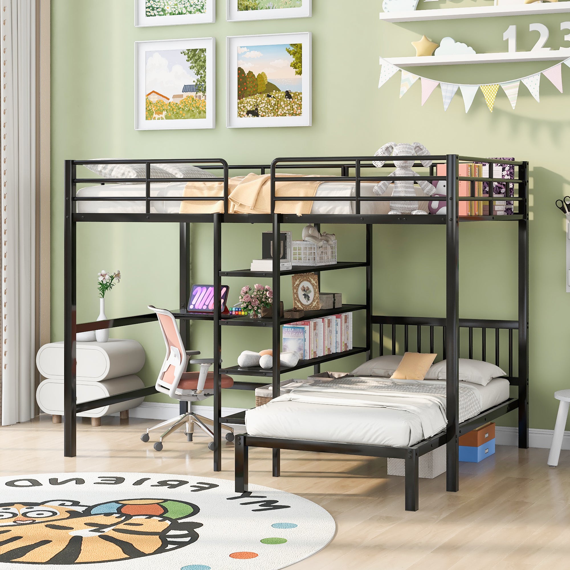 Full Over Twin Metal Bunk Bed with Built-in Desk and Shelves In Black