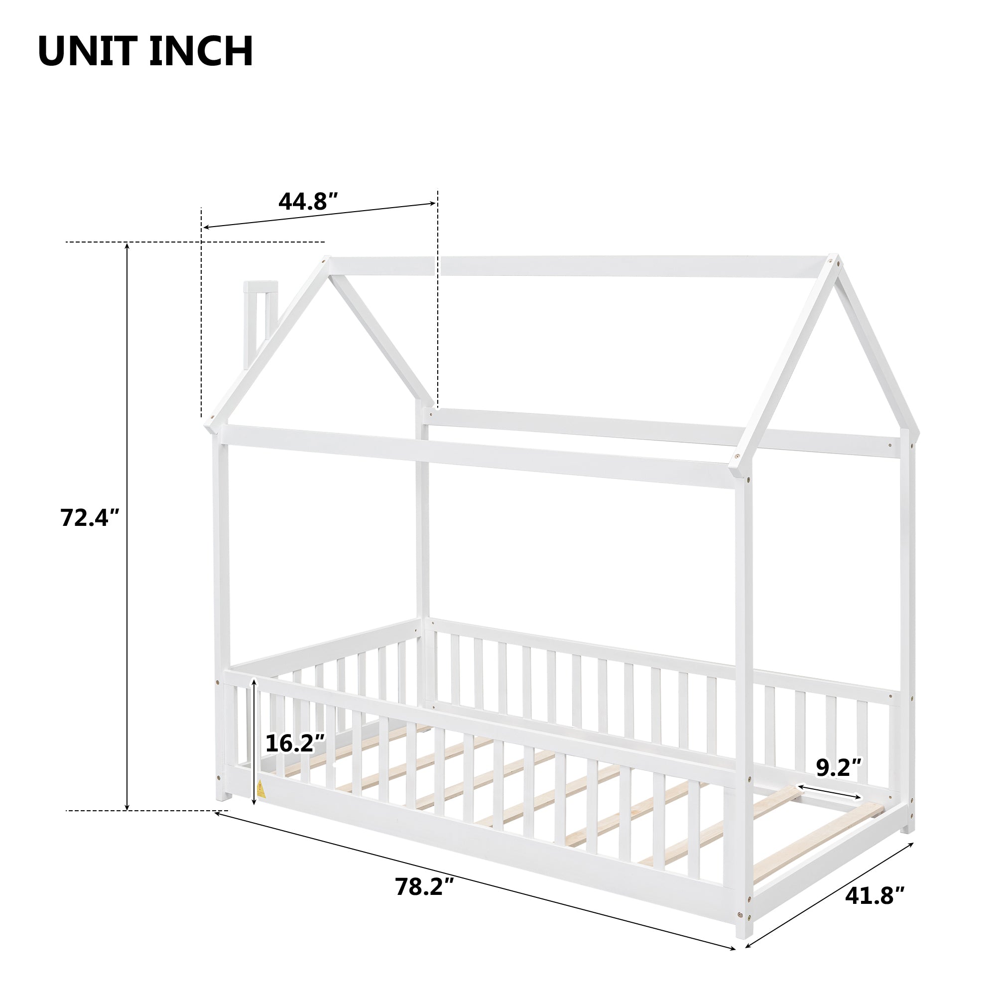 White Twin House Toddler Floor Bed with Guardrails and Slats