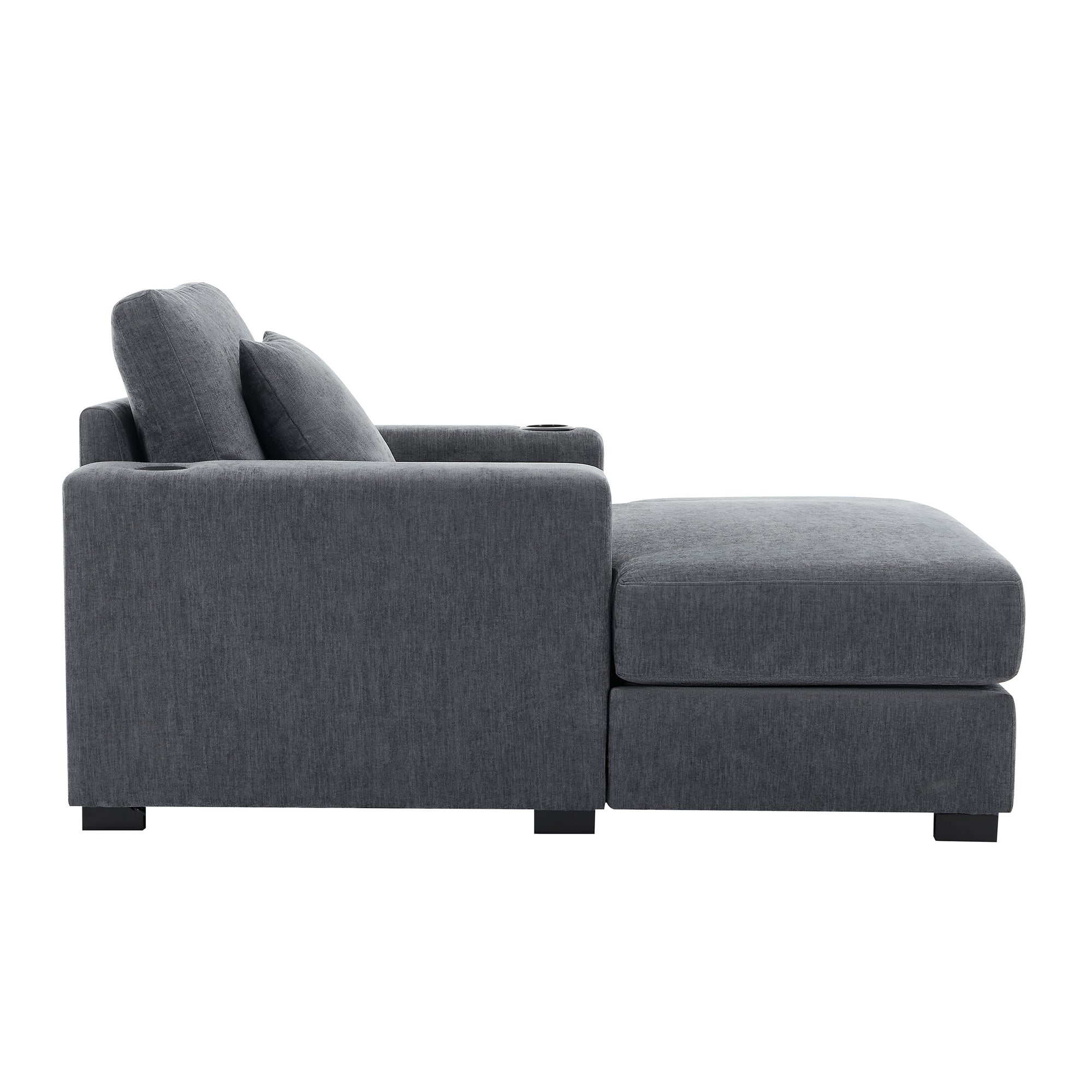 Blue-Gray Chenille Oversized Chaise Lounger with Built-in Charge Station & Cup Holders