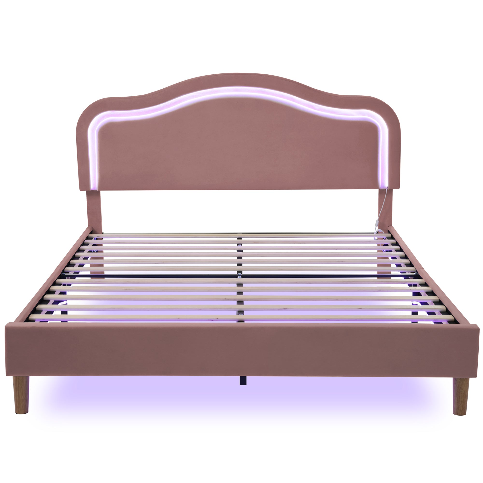 Pink Queen Bed Frame with Adjustable LED Lights and Velvet Upholstery