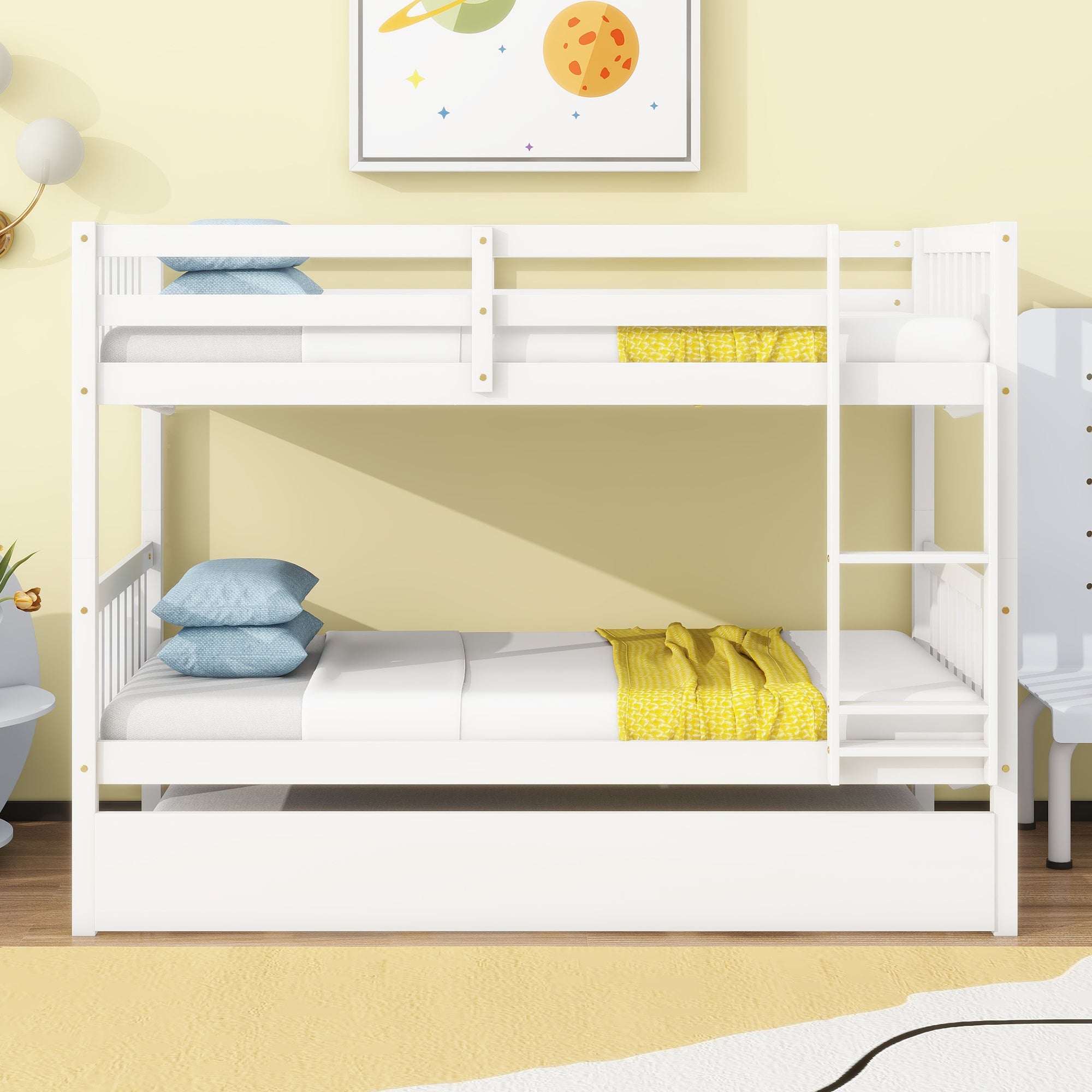 Convertible Twin Over Twin Rubber Wood Bunk Bed with Trundle