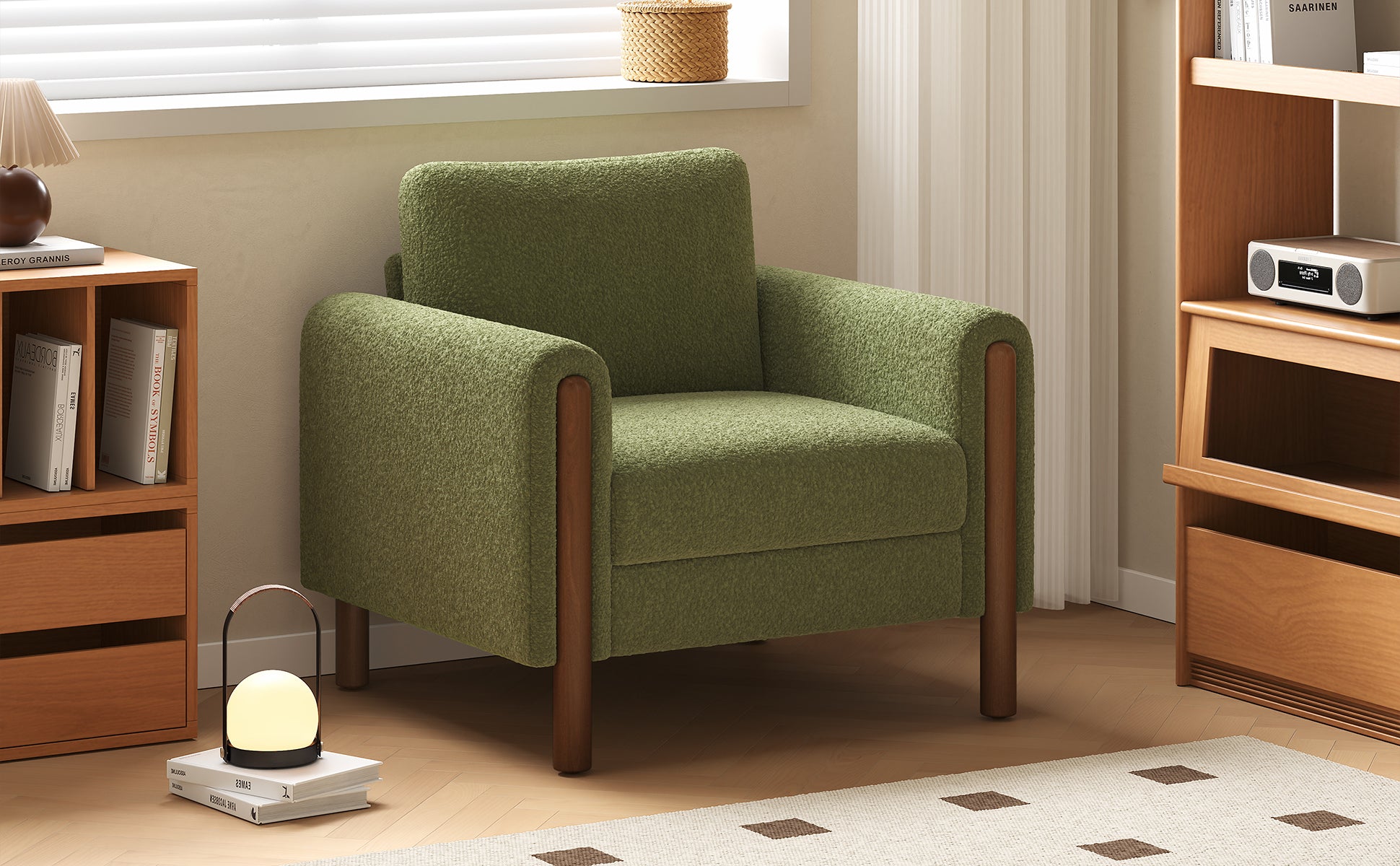 Oversized Accent Chair With Walnut Legs Upholstered In Green Teddy