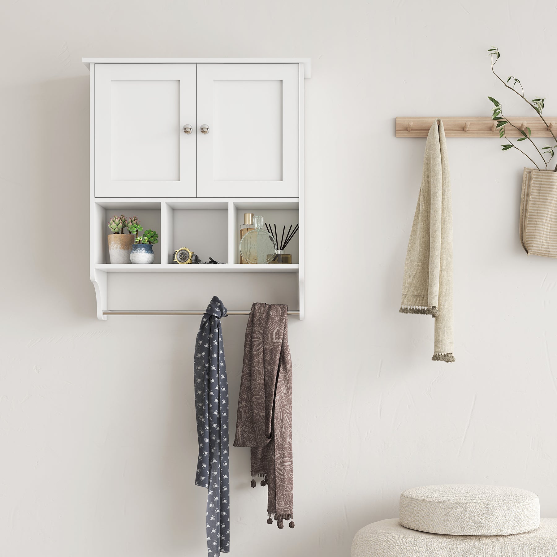 Bathroom Cabinet With Adjustable Shelves And Towel Bar In White