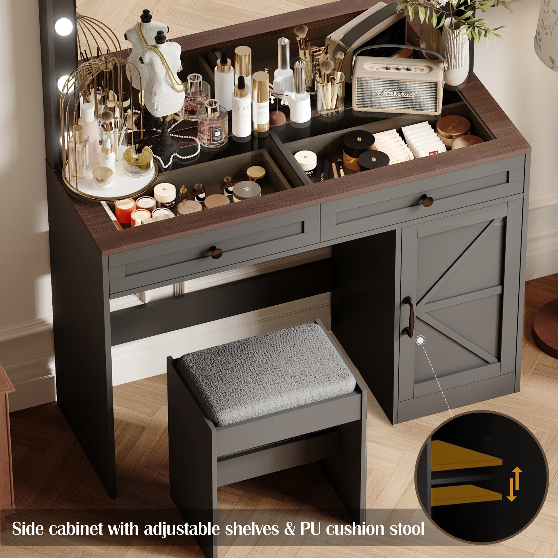 43.4 Makeup Vanity Table with Large Mirror and LED Lights Adjustable Brightness Dressing Table with 3 Drawers In Black