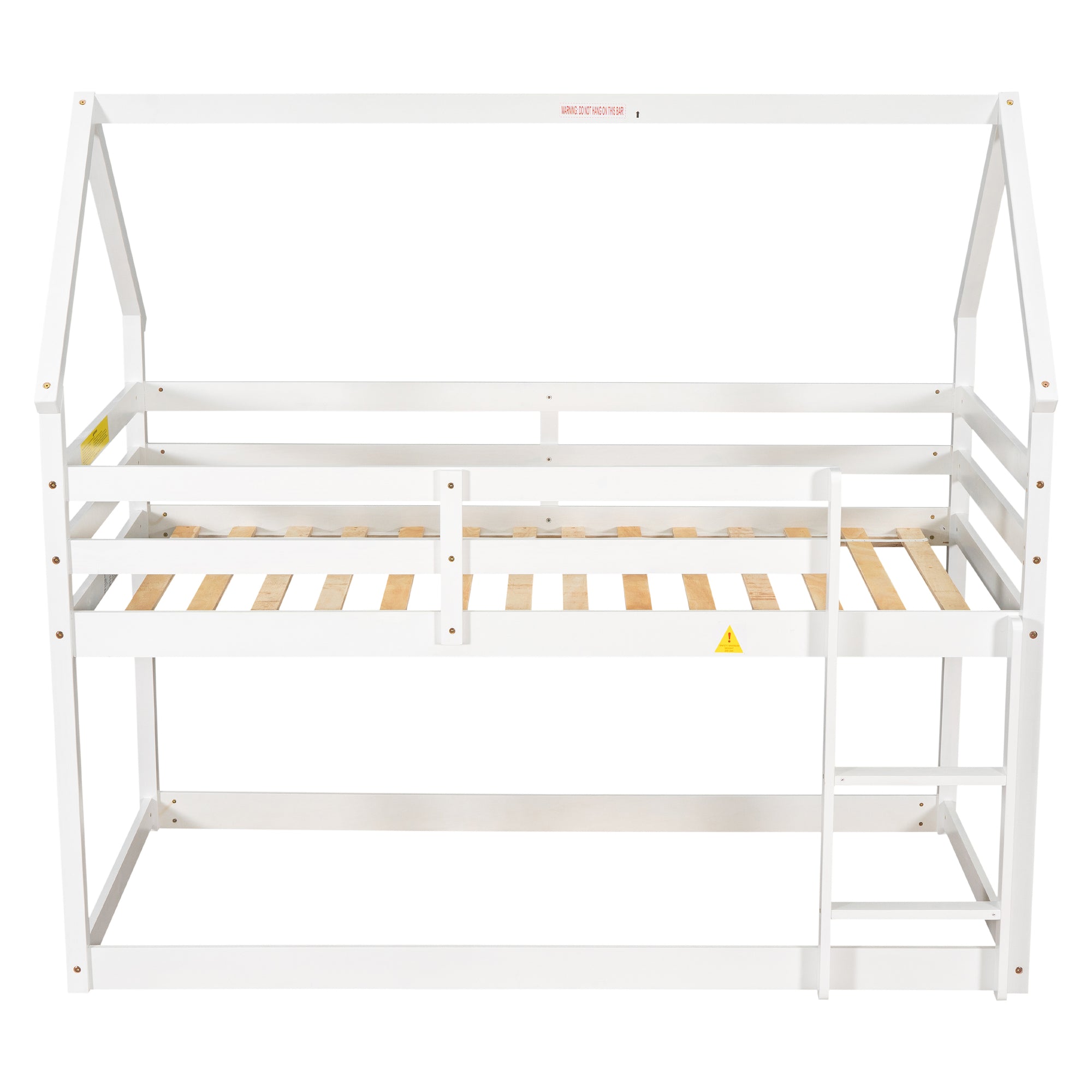 White Twin over Twin Loft Bed with Roof Design, Safety Guardrail, and Ladder