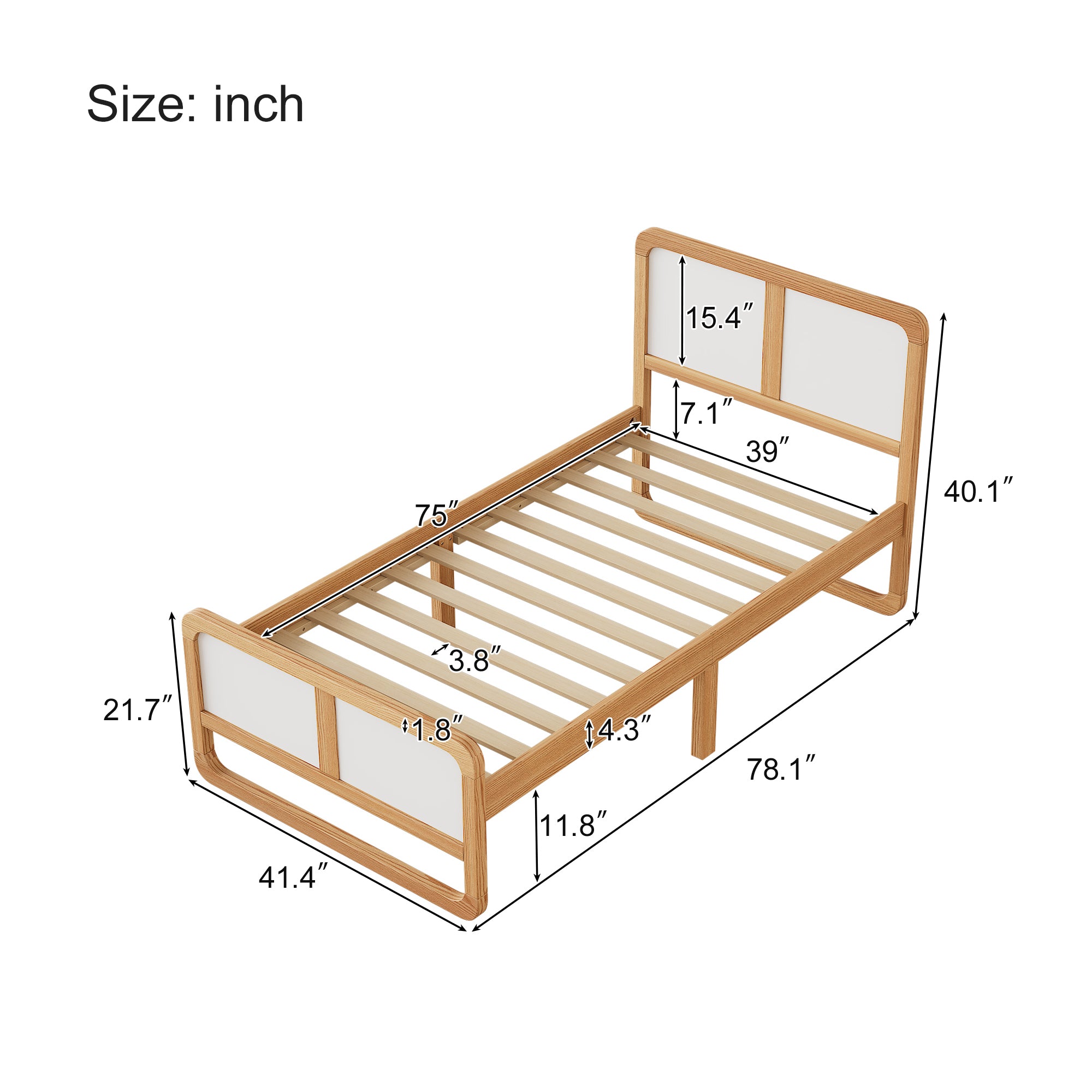 Twin Wooden Bed with White & Walnut Finish