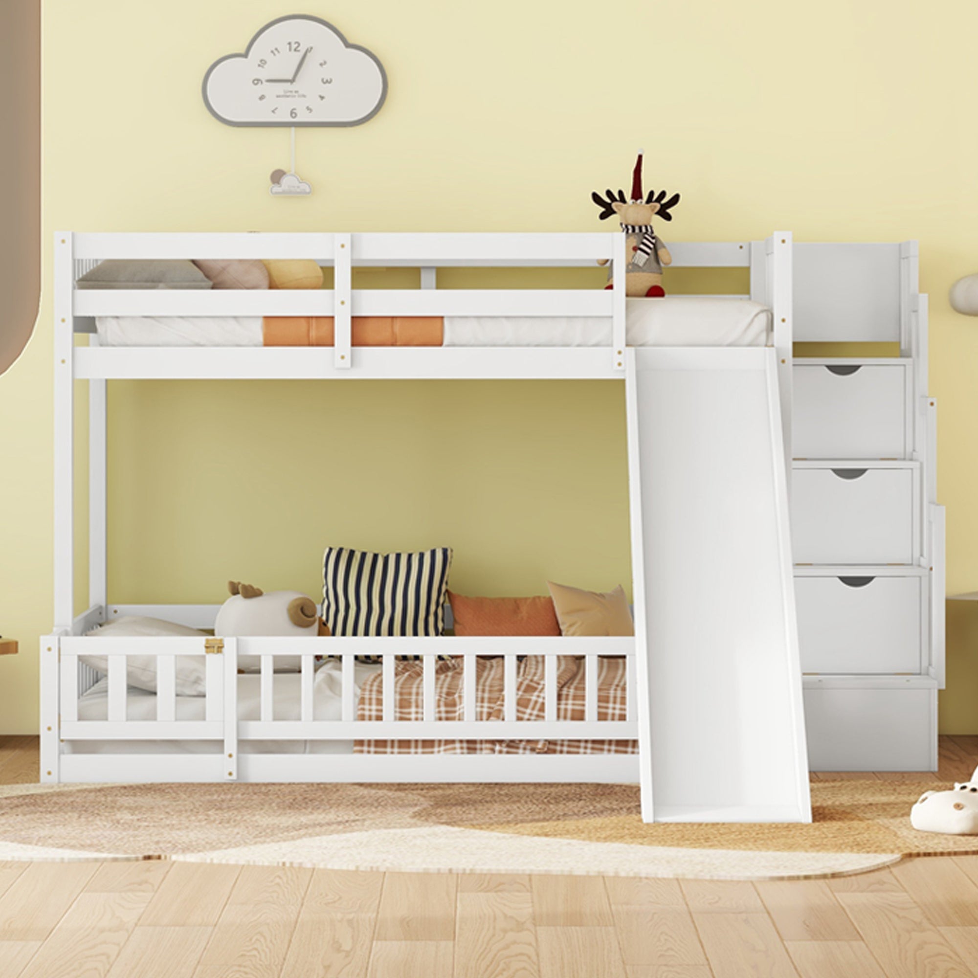 Solid Pine Wood Twin Over Full Bunk Bed with Slide and Storage Staircase