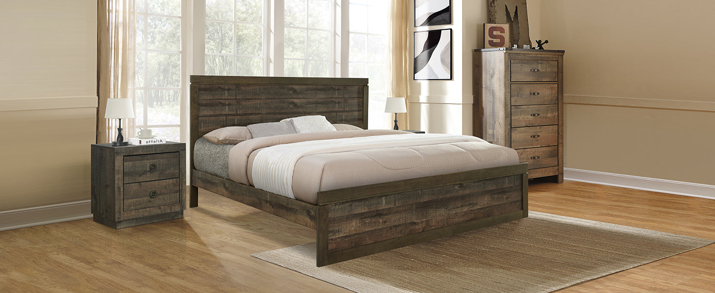 Farmhouse Style Pine Wood Platform King Bed in Rustic Brown