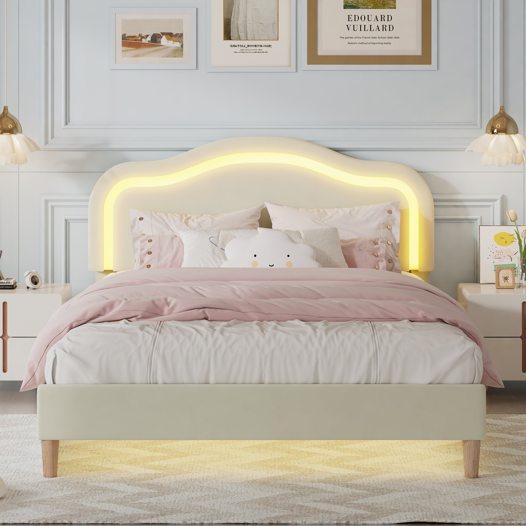 Twin Bed Frame with Adjustable LED Lights and Beige Velvet Upholstery