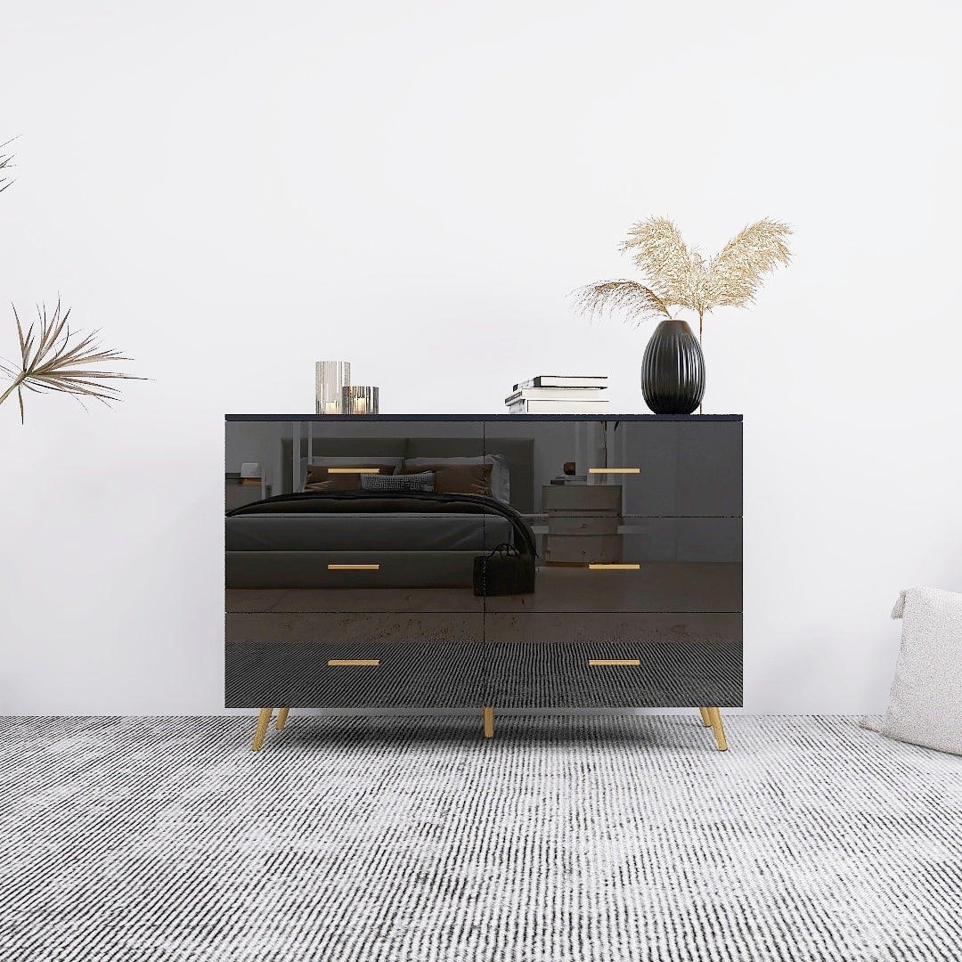 High Glossy Surface 6 Drawers Chest of Drawer with Golden Handle and Legs In Black Color