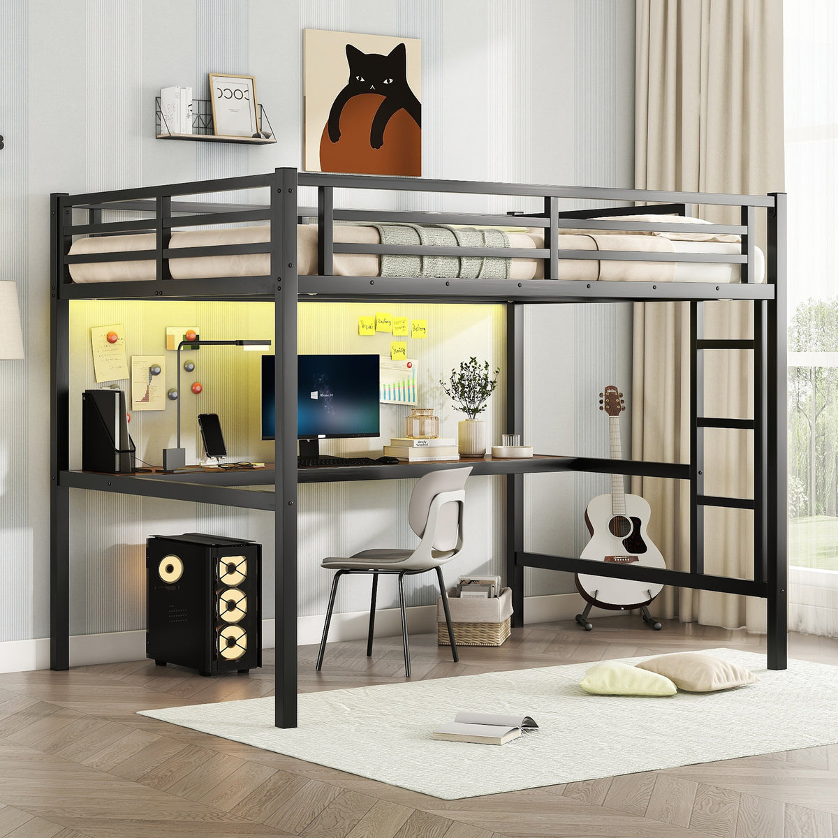 DOEHL Loft Beds Default Full Metal Gaming Loft Bed with LED, Desk, Outlet & Noise Reduction In Black