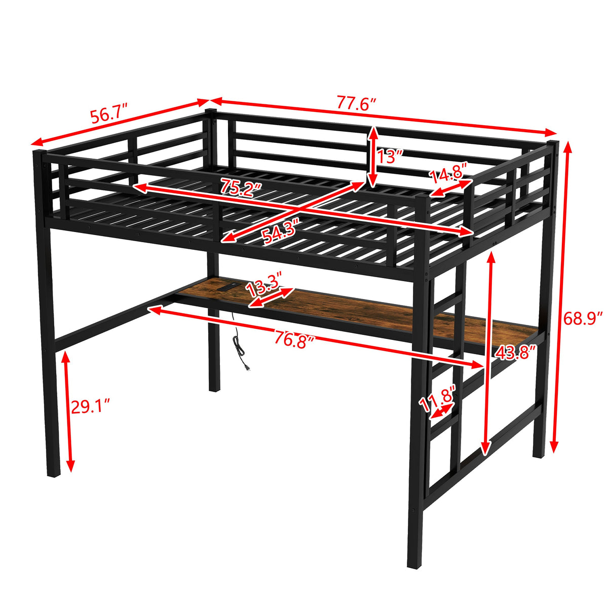 DOEHL Loft Beds Default Full Metal Gaming Loft Bed with LED, Desk, Outlet & Noise Reduction In Black
