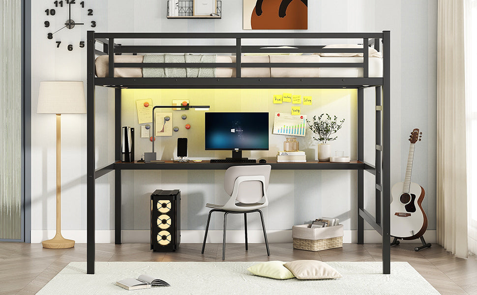 DOEHL Loft Beds Default Full Metal Gaming Loft Bed with LED, Desk, Outlet & Noise Reduction In Black