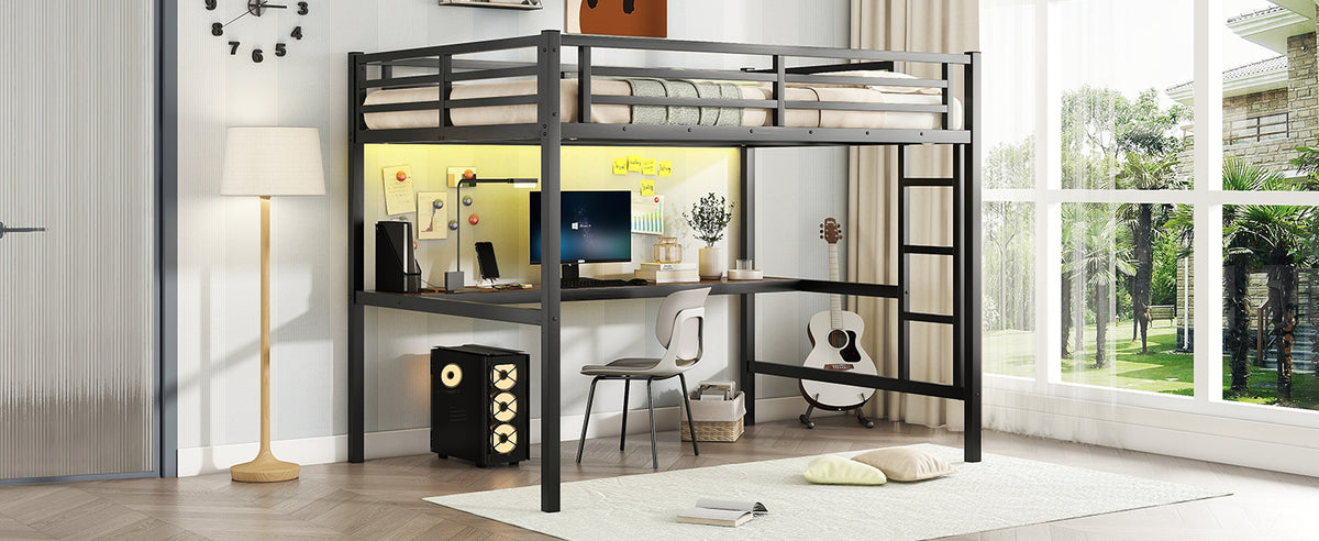 DOEHL Loft Beds Default Full Metal Gaming Loft Bed with LED, Desk, Outlet & Noise Reduction In Black