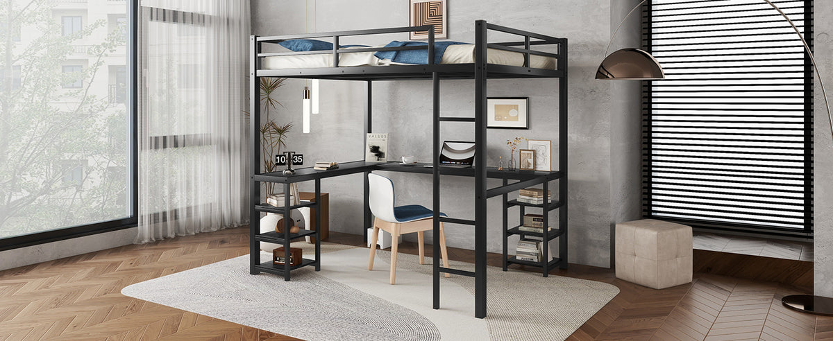 DOEHL Loft Beds Default Full Metal Loft Bed with Desk, Shelves & Storage In Black