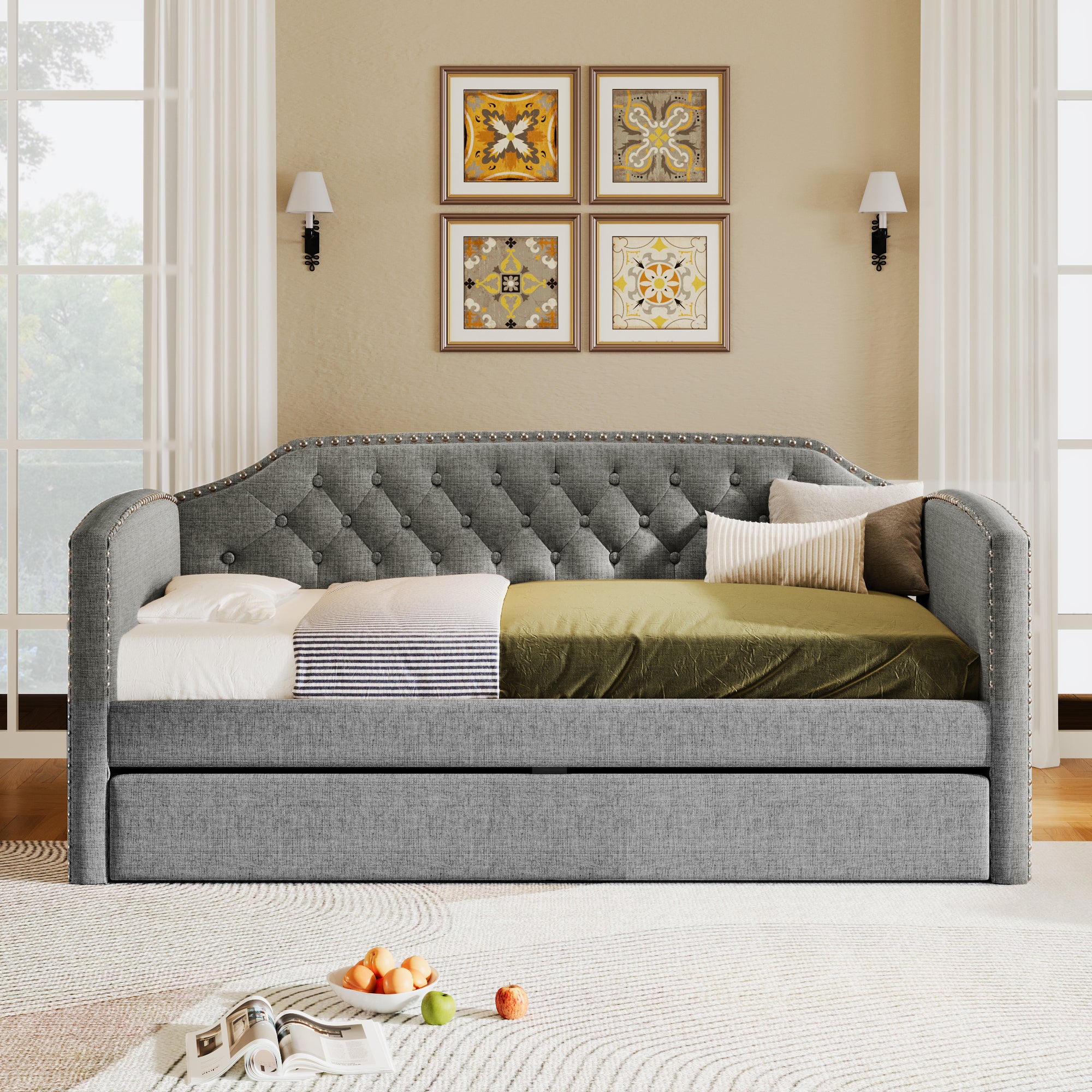 Twin Traditional Upholstered Daybed with Trundle