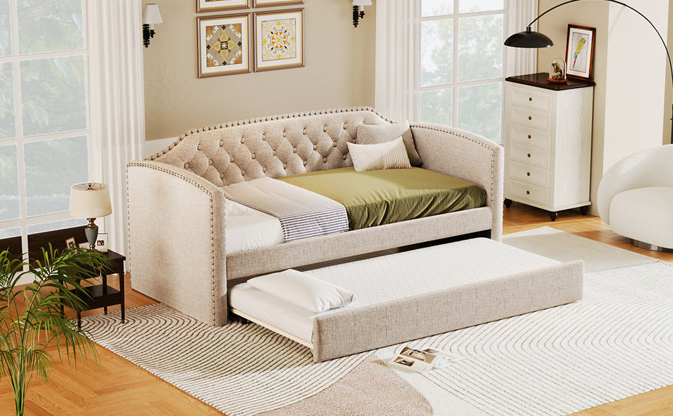 Twin Upholstered Daybed with Trundle in Beige Linen