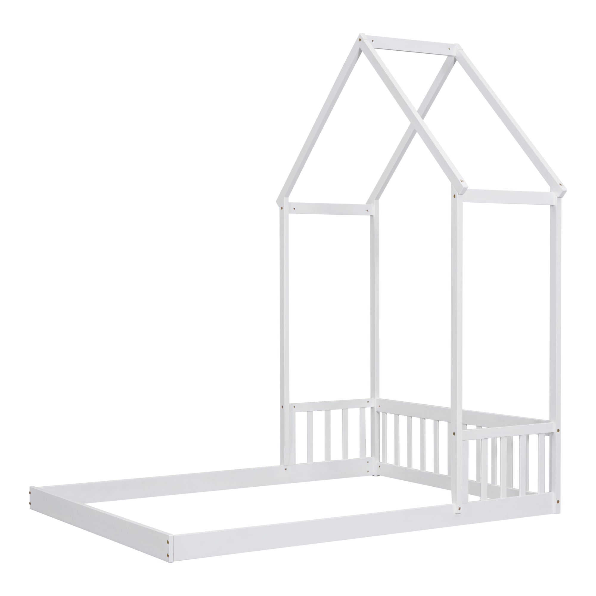 White Full Roof-Framed Headboard Toddler Floor Bed with Guardrails