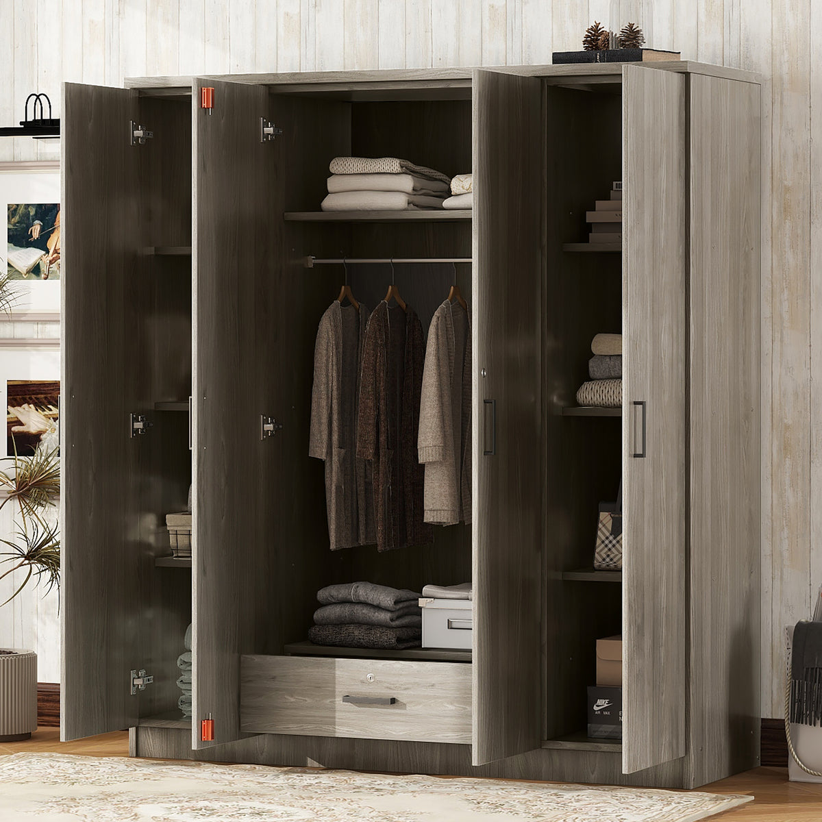 Modern 4-Door Wardrobe with 1 Drawer Crafted from MDF In Gray