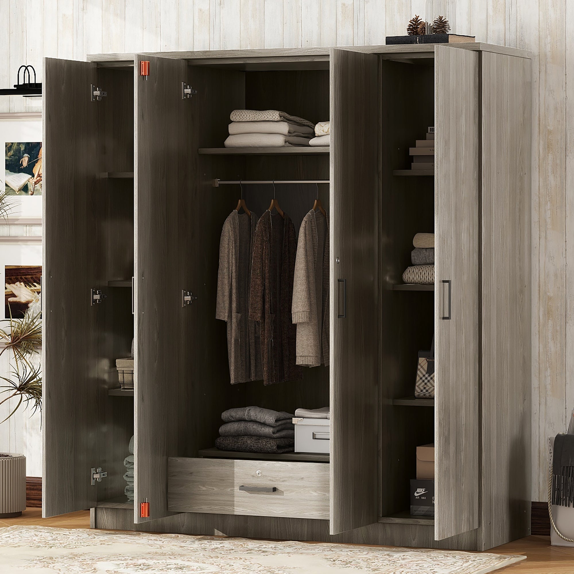 Modern 4-Door Wardrobe with 1 Drawer Crafted from MDF In Gray