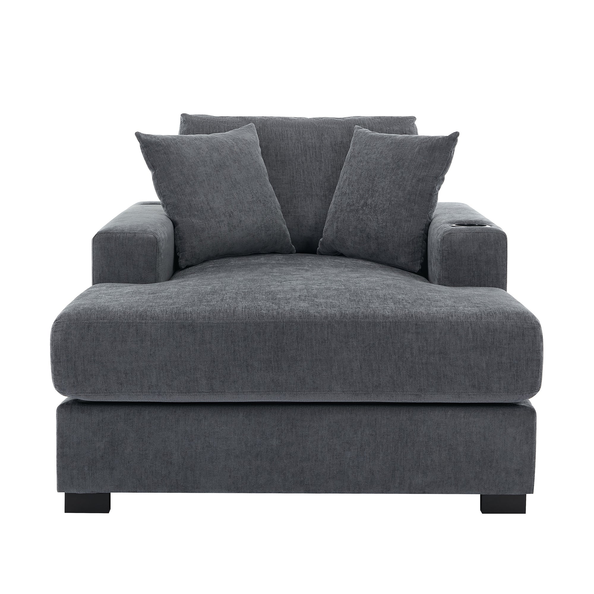 Blue-Gray Chenille Oversized Chaise Lounger with Built-In Charge Station & Cup Holders