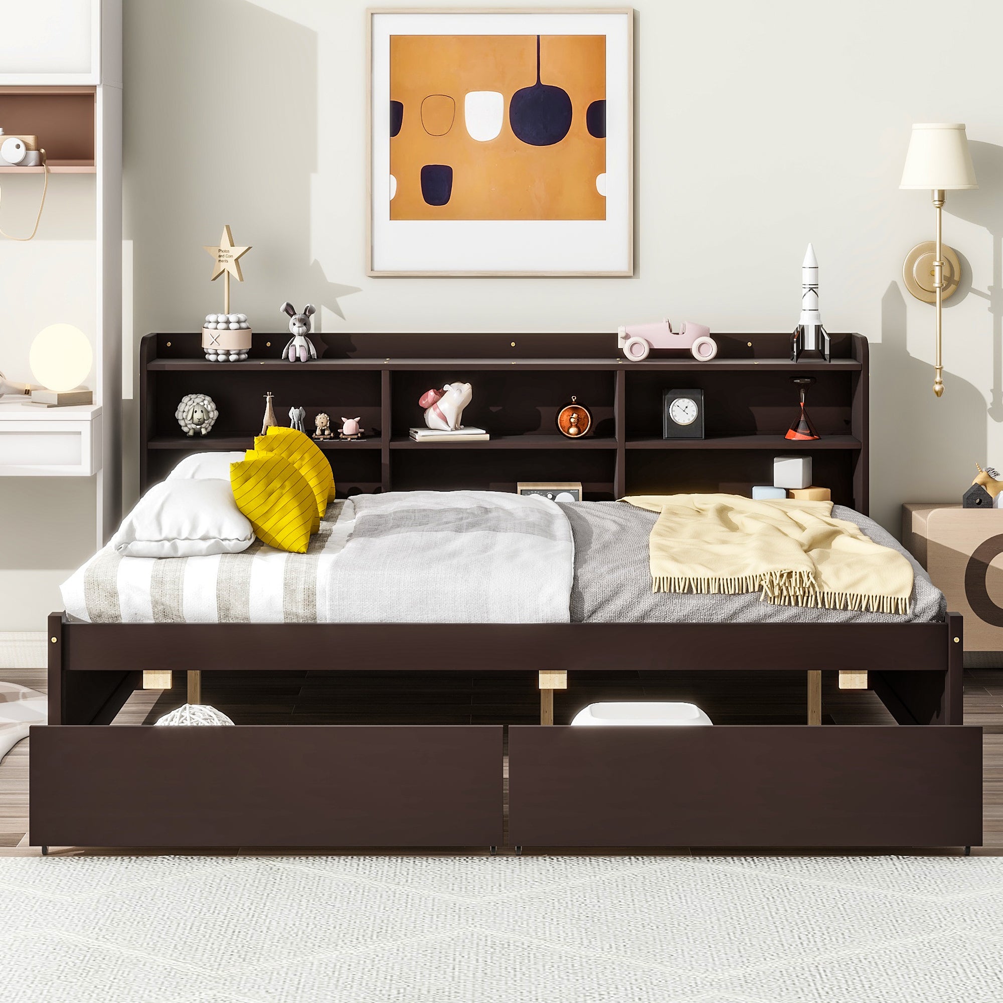 Full Bed with Side Bookcase and Storage Drawers in Espresso Tones