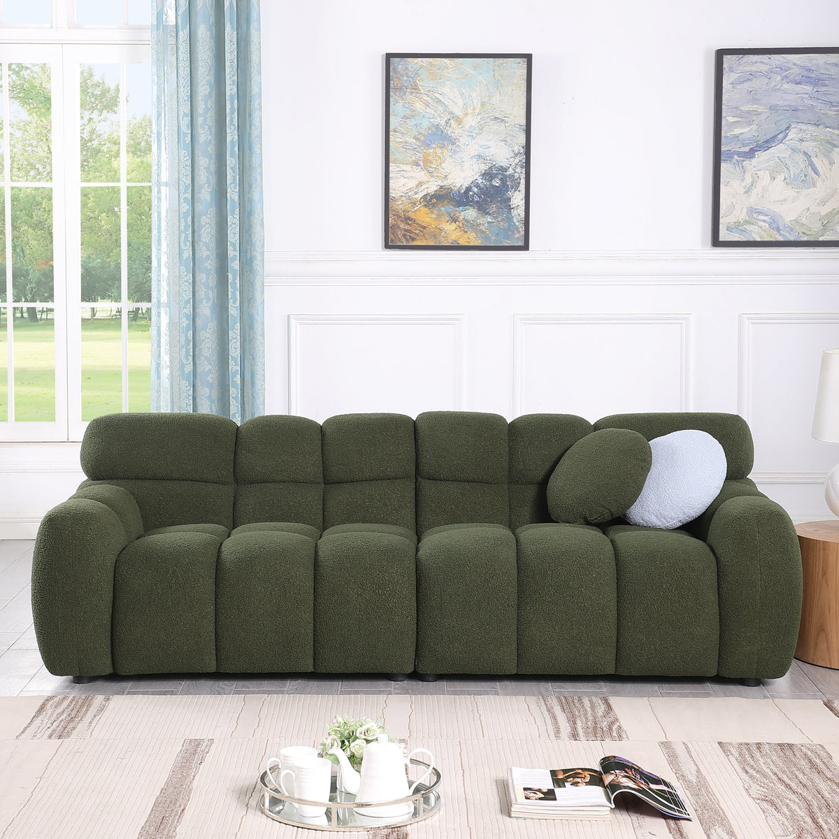 Olive Green Boucle 3-Seater Marshmallow Sofa with Rolled Arms &amp; Plush Cushions