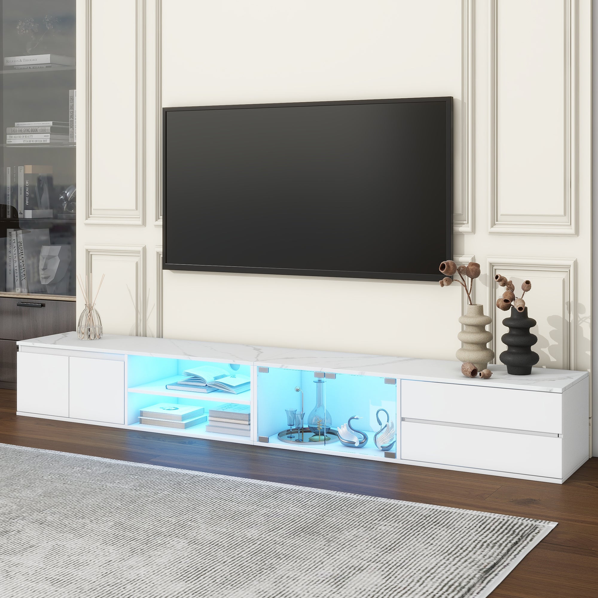 LED TV Stand for TVs Up to 105 Inch Faux Marble Media Console with Glass Doors In White