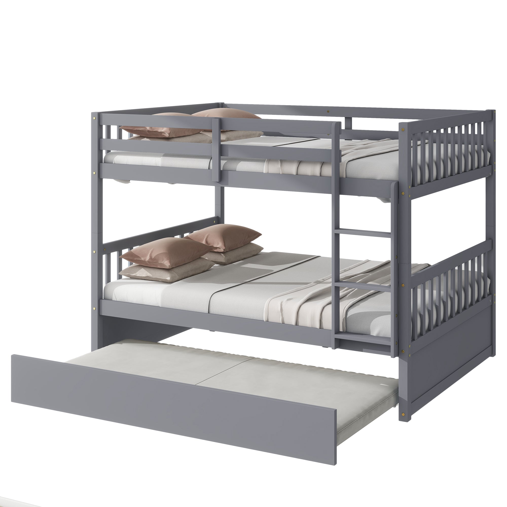 Gray Full Over Full Rubber Wood Bunk Bed with Trundle, Ladder, and Guardrails