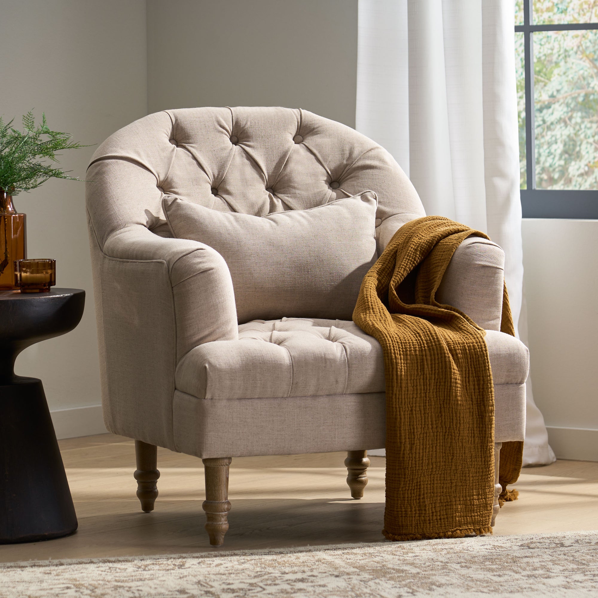 Anatasia Beige Tufted Fabric Armchair