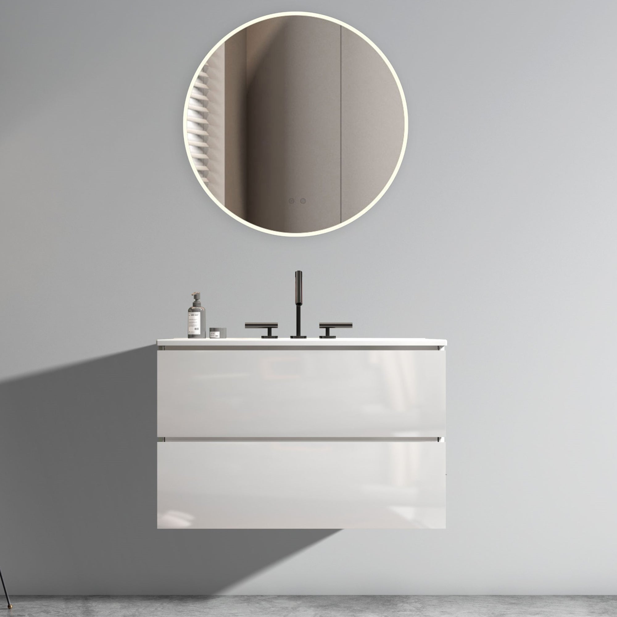 Wall Mount Glossy White Bathroom Vanity with Ceramic Sink and Three Faucet Holes for Modern Space In Glossy White