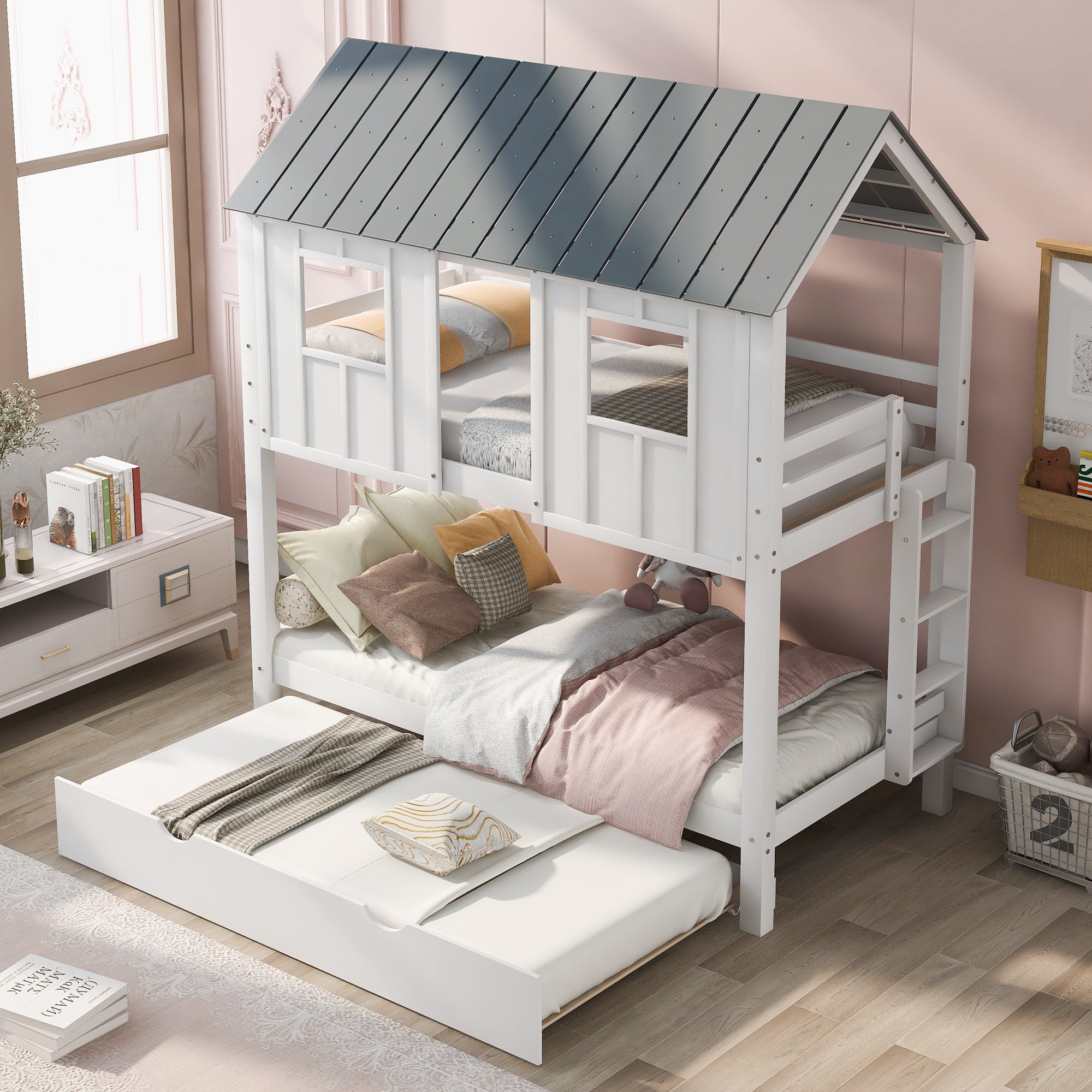 House Bunk Bed with Trundle and Roof Design In White