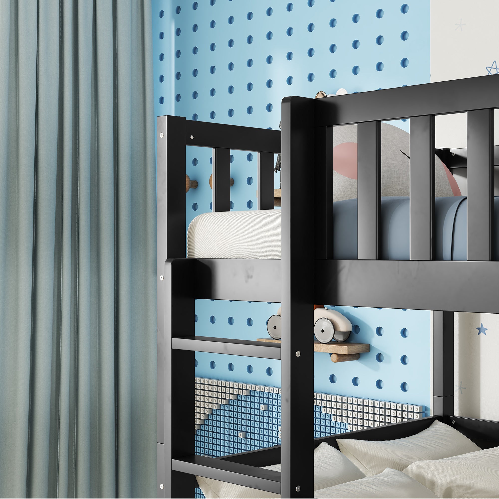 Black Twin Size Triple Rubber Wood Bunk Bed with Ladders and Detachable Design