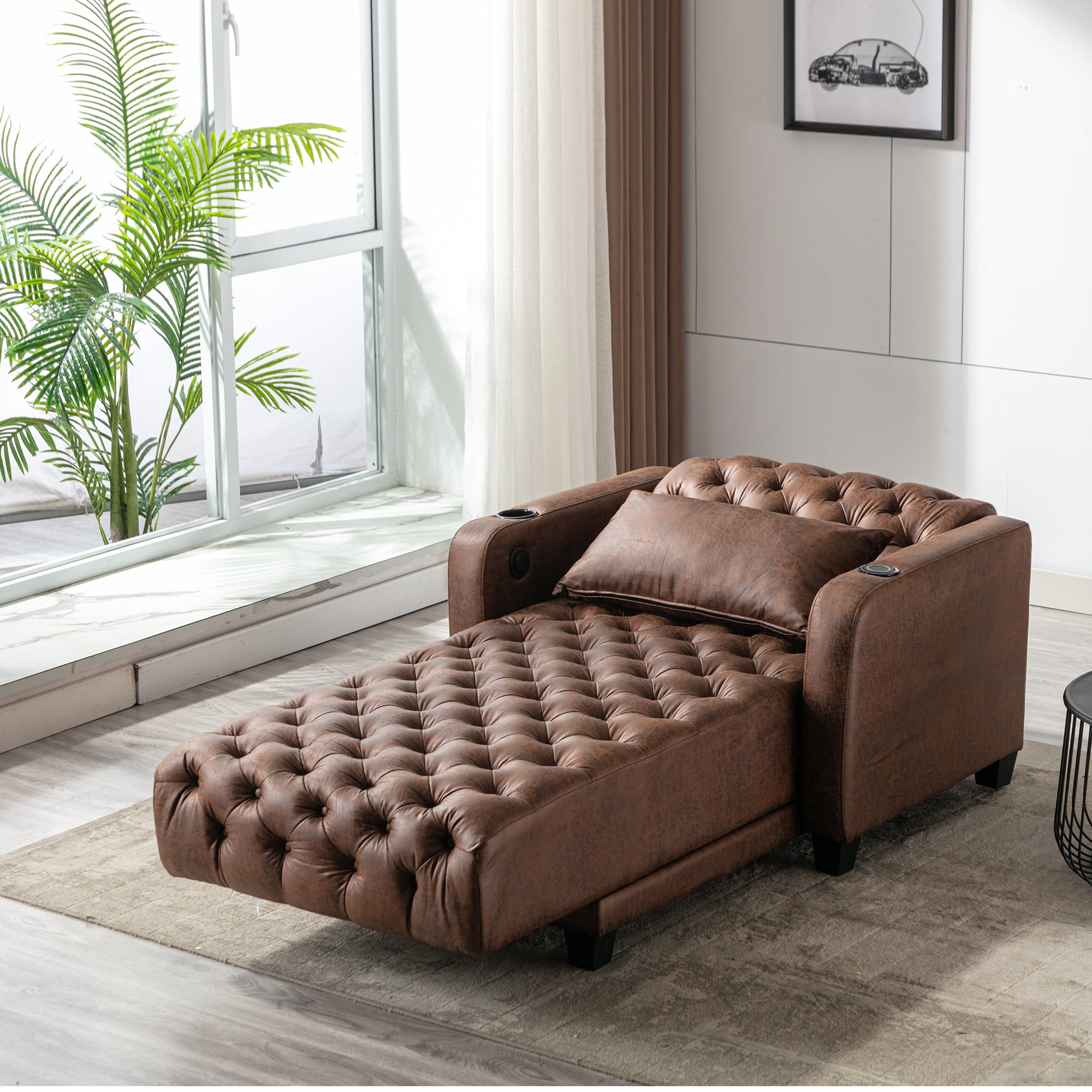 Reclining Tufted Chaise Lounge with Lumbar Pillow and Wireless Phone Charging in Brown