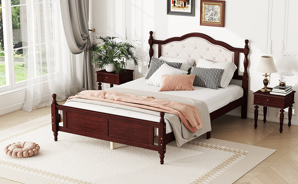 Classic Queen Size Pine Wood Bed with Upholstered Headboard