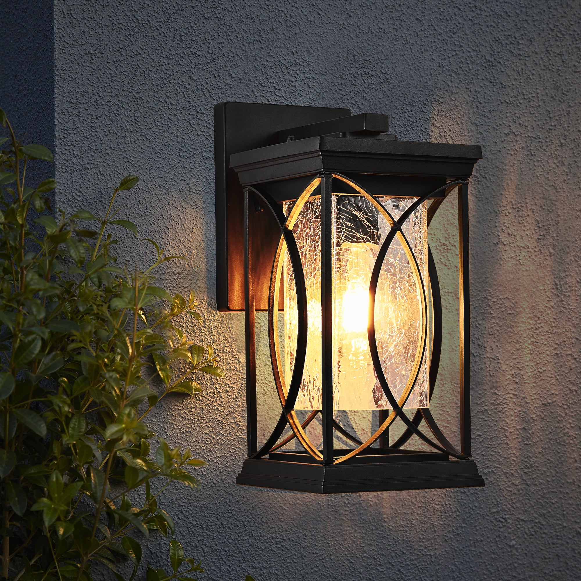 Single Black Outdoor Wall Lantern with Crackled Glass