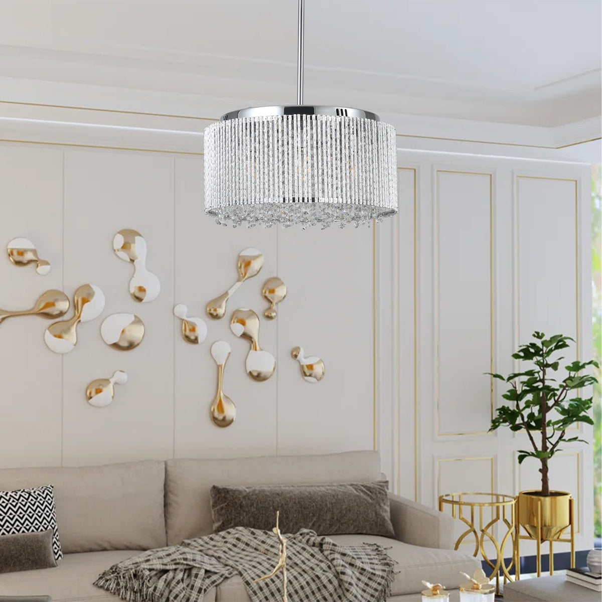 Cylinder Draped &amp; Caged Modern Crystal Chandelier