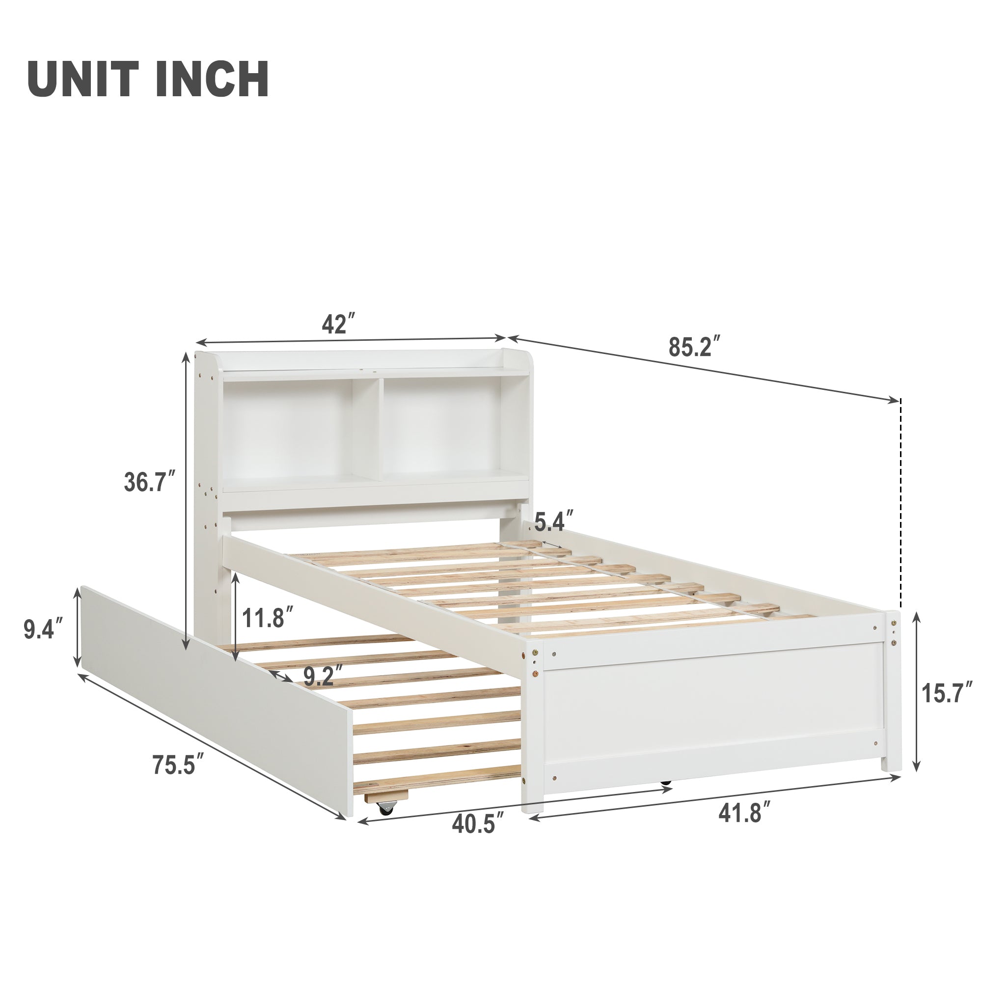 White Twin Bed with Trundle and Storage Headboard