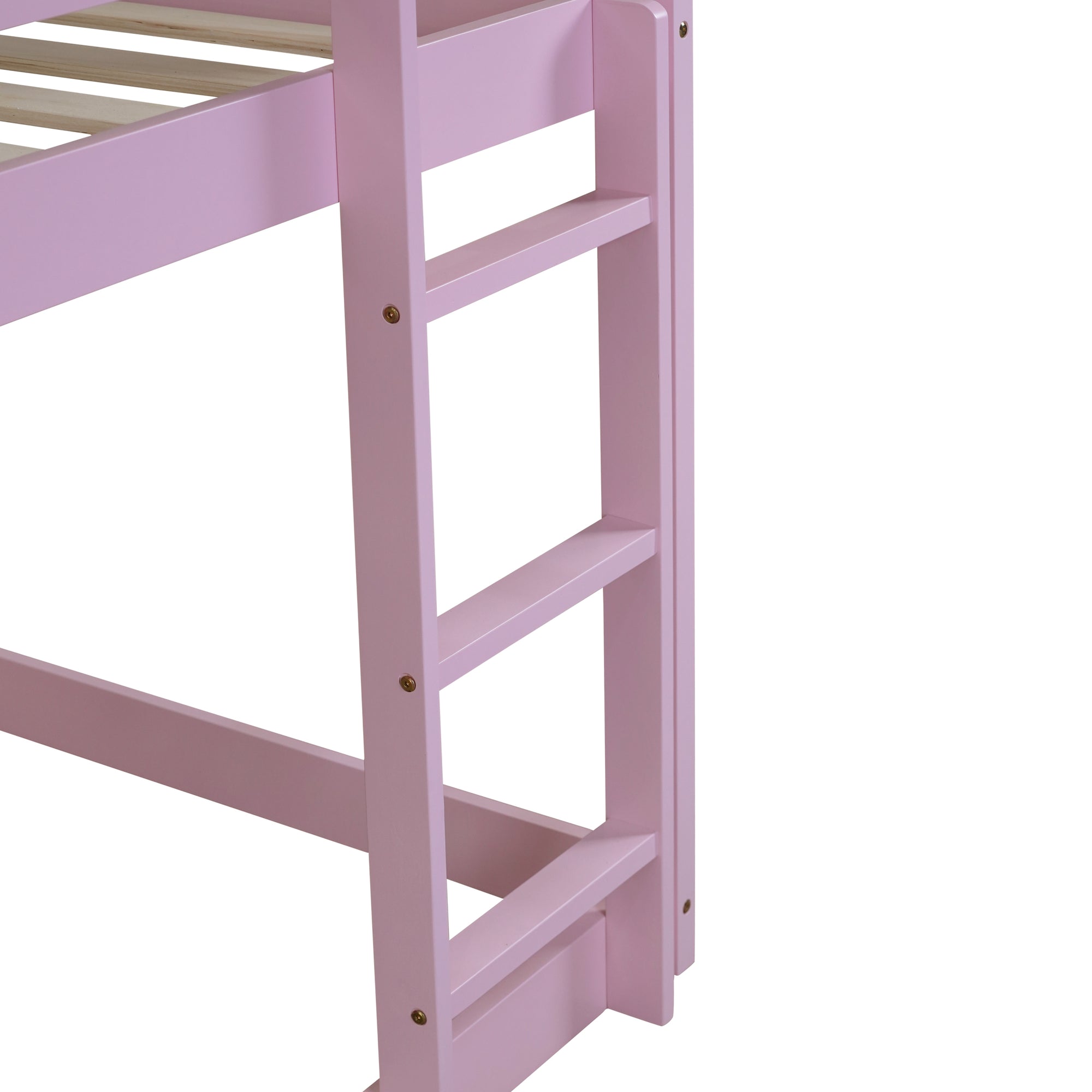 Twin Over Twin Pink House-Shaped Floor Bunk Bed with Ladder and Guardrails