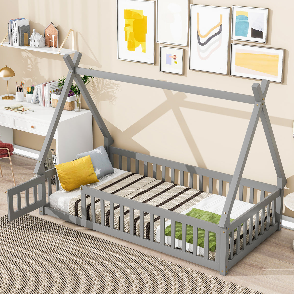 Gray Twin Tent-Shaped Toddler Floor Bed with Guardrails, Slats, and Door