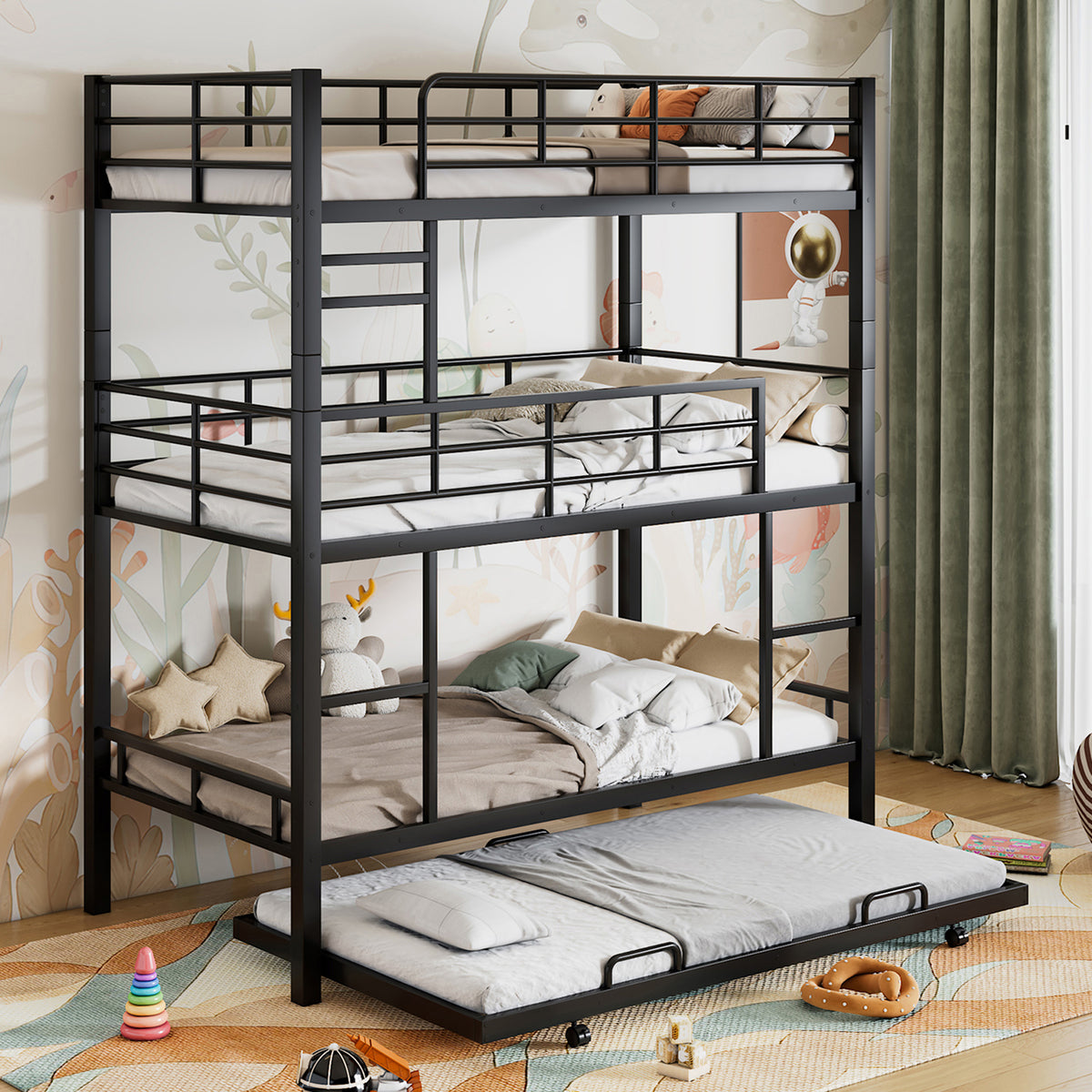 Heavy Duty Metal Twin Size Triple Bunk Bed With Trundle In Black