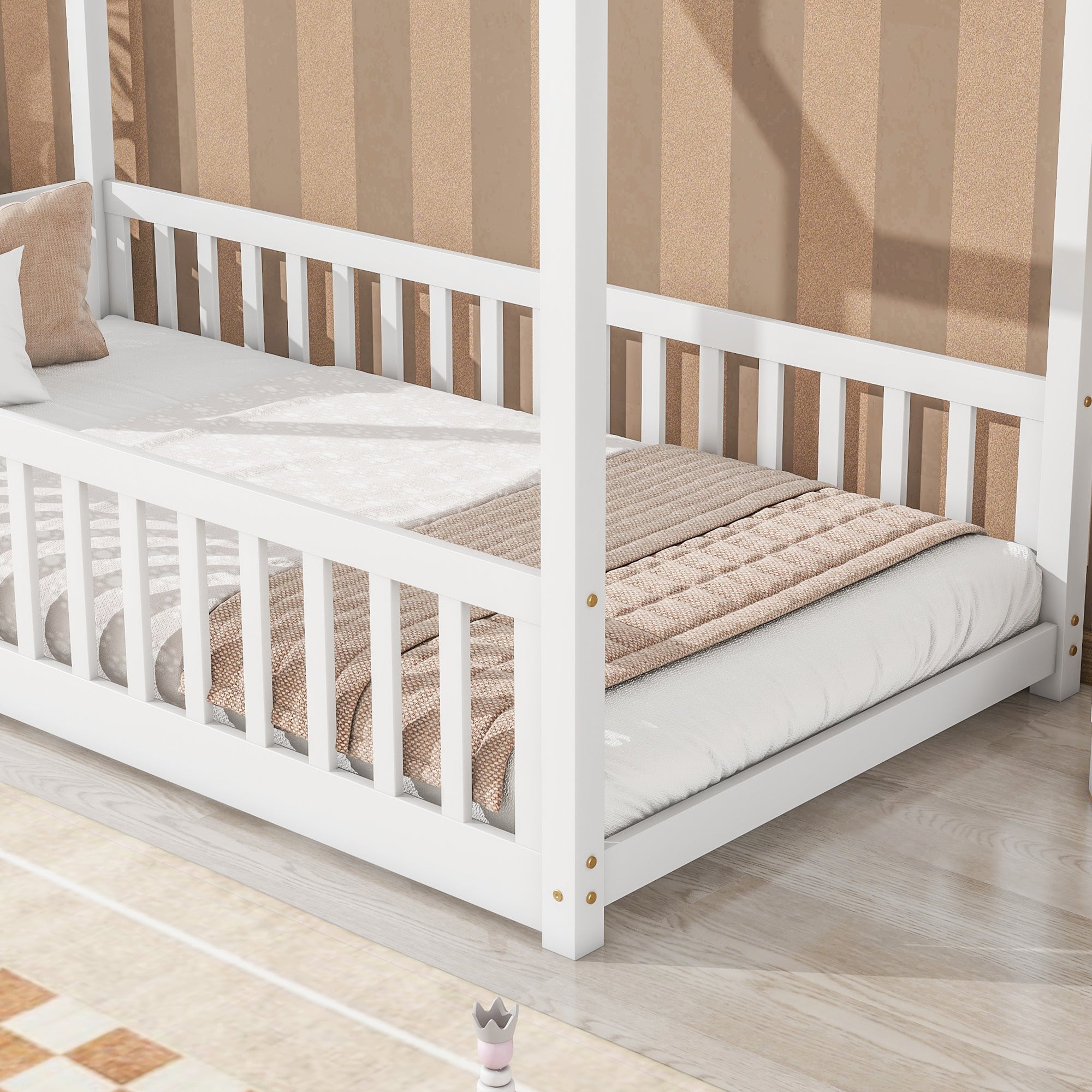 White Twin House Toddler Floor Bed with Guardrails and Slats