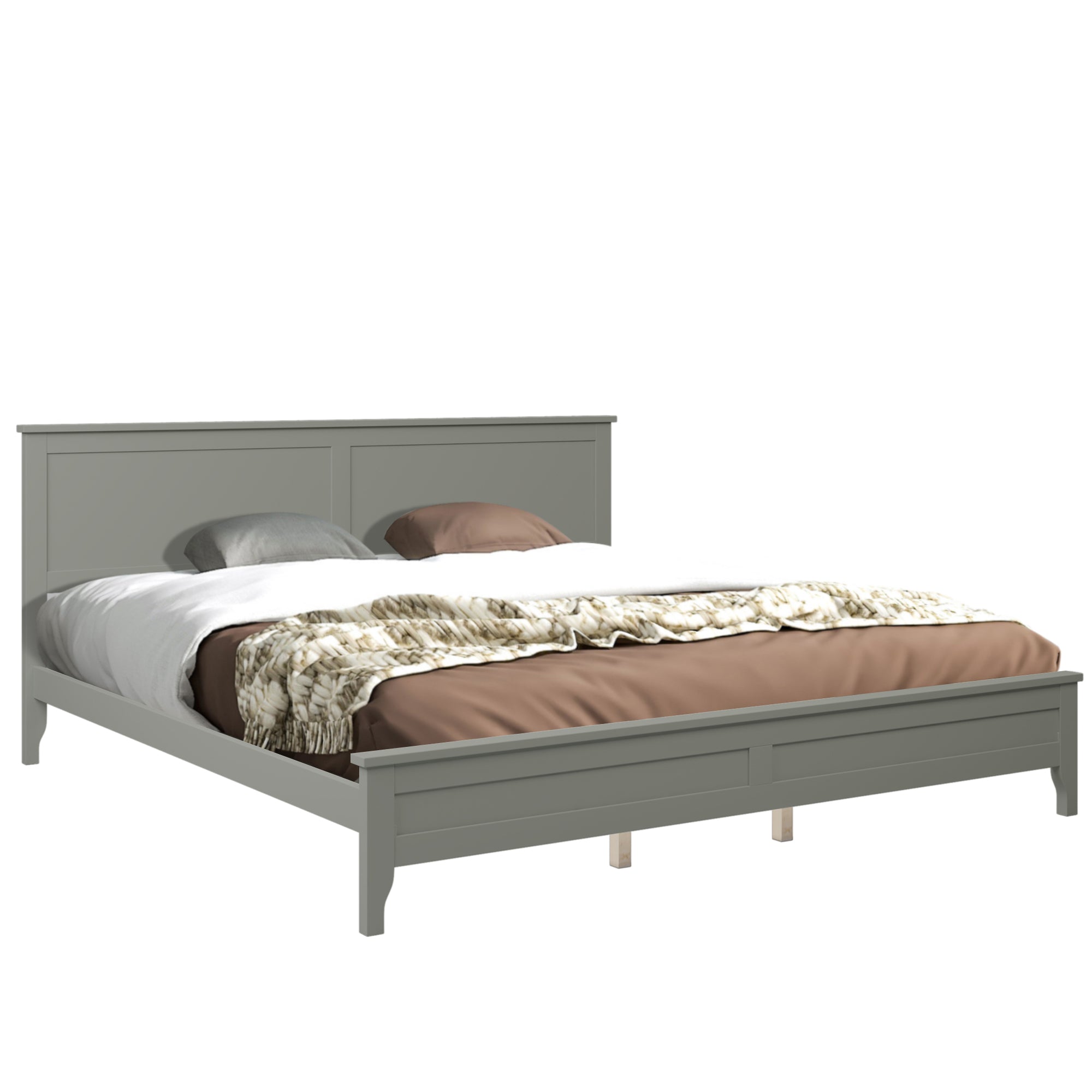 Gray King Bed Frame with Slat Headboard On Solid Wood Platform