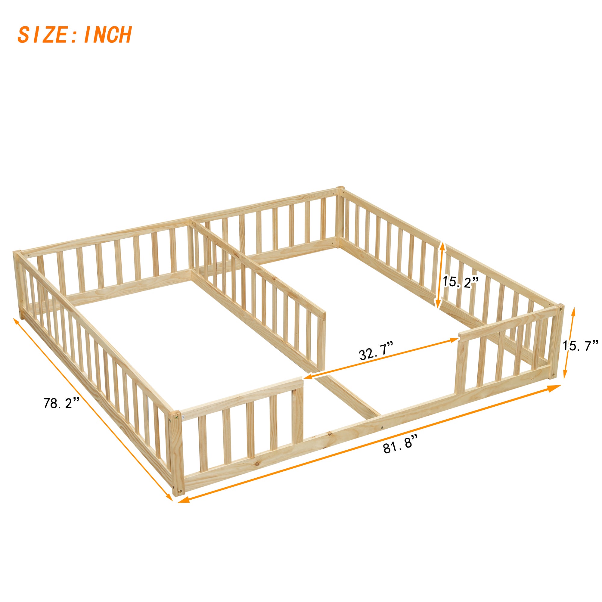 Double Twin Toddler Floor Bed with Fence and Guardrails in Natural Tones