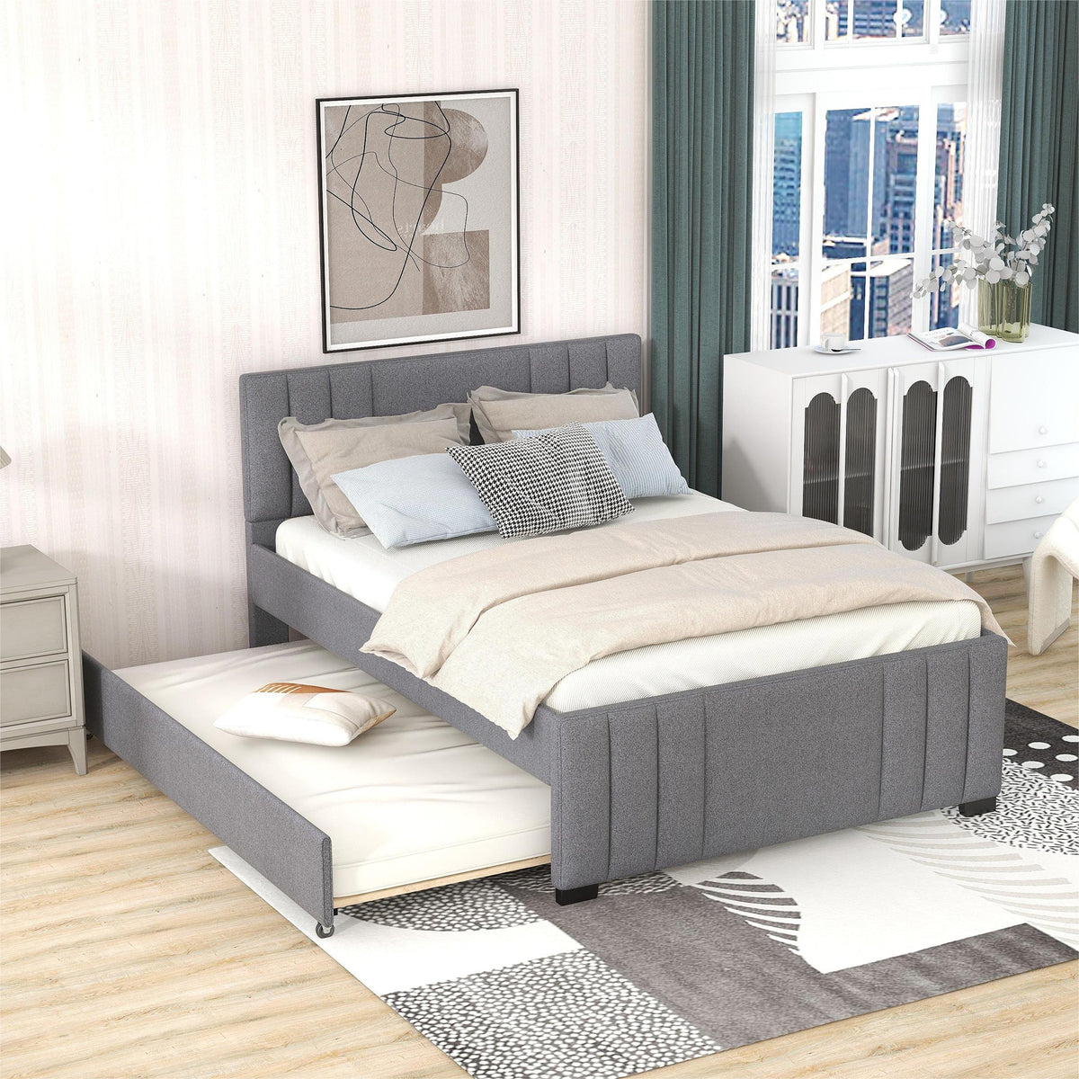 Full Upholstered Platform Bed with Trundle for Kids In Grey