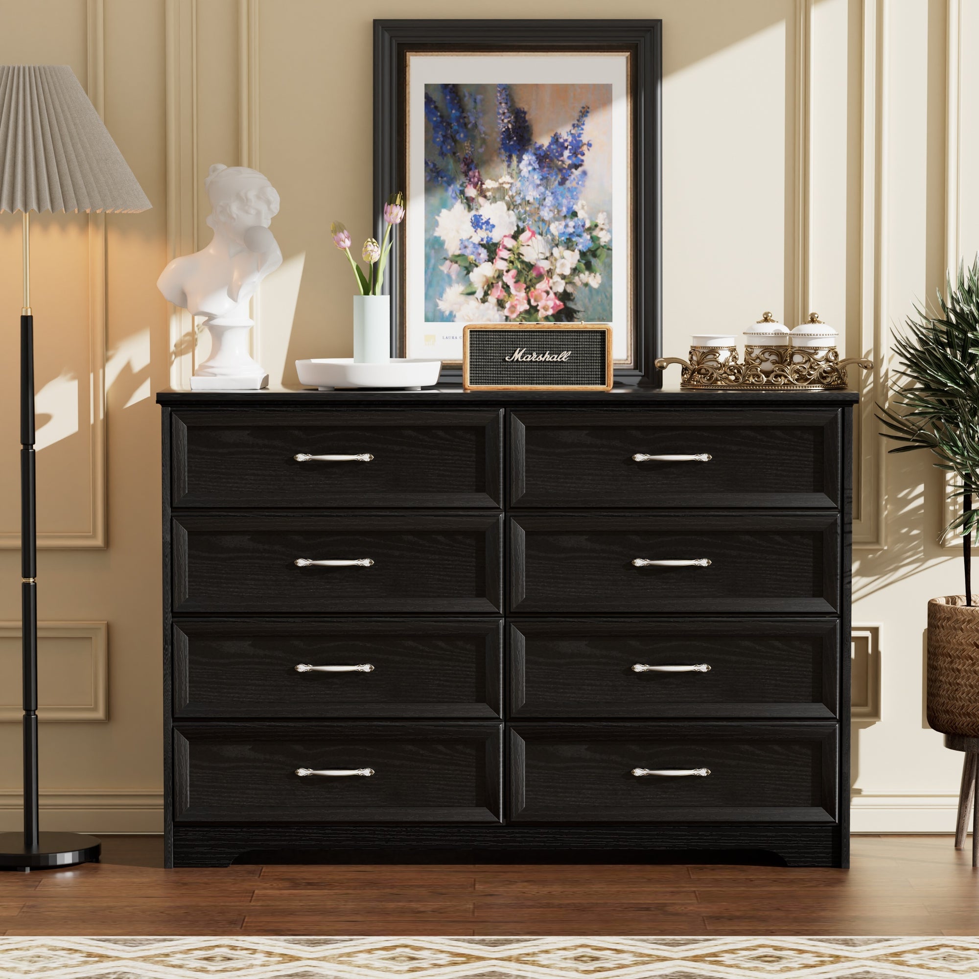 Modern 3 Drawer Bedroom Chest with 8 Drawers Dresser Clothes Organizer with Metal Pulls In Black